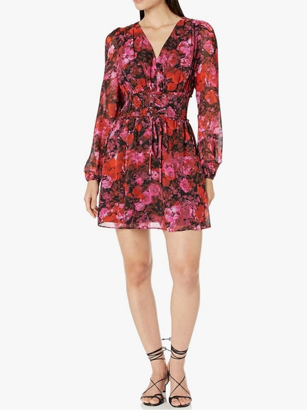 Steve Madden Diana mini dress rose floral Corset Style Lace-Up Waist long sleeve - Picture 2 of 10